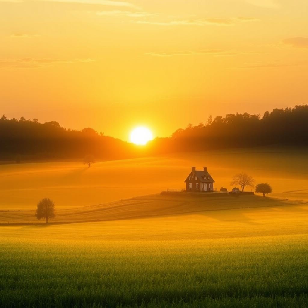 A peaceful landscape depicting the sun rising near a cozy house