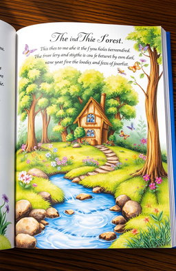 A beautifully illustrated book page featuring a whimsical forest scene, with vibrant colors and intricate details