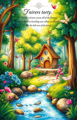 A beautifully illustrated book page featuring a whimsical forest scene, with vibrant colors and intricate details