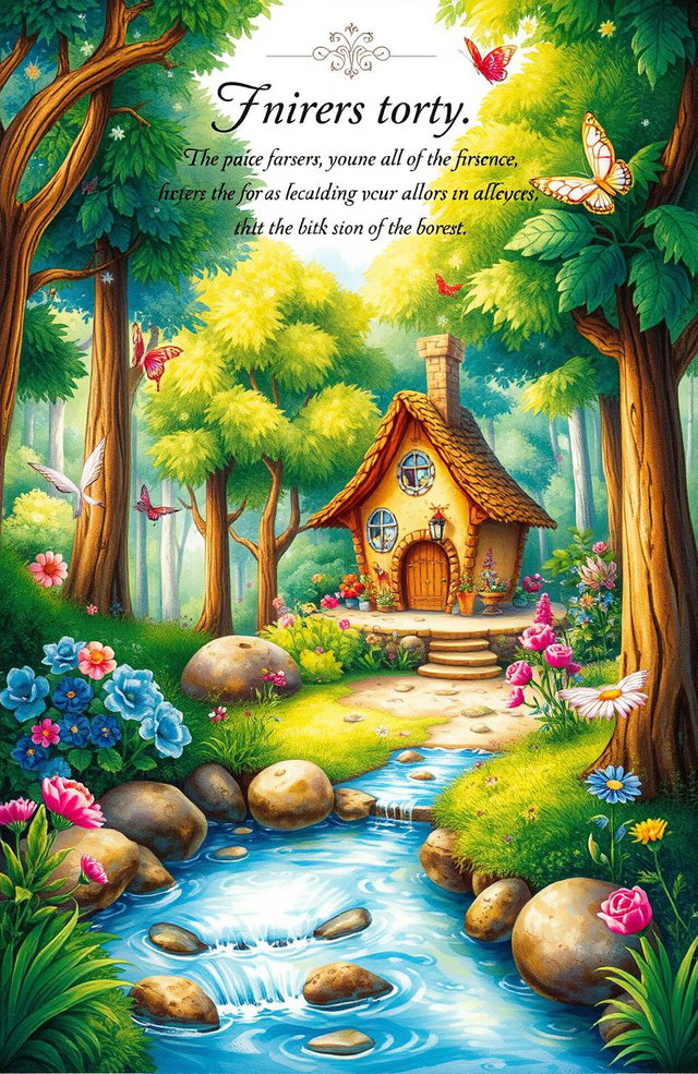 A beautifully illustrated book page featuring a whimsical forest scene, with vibrant colors and intricate details