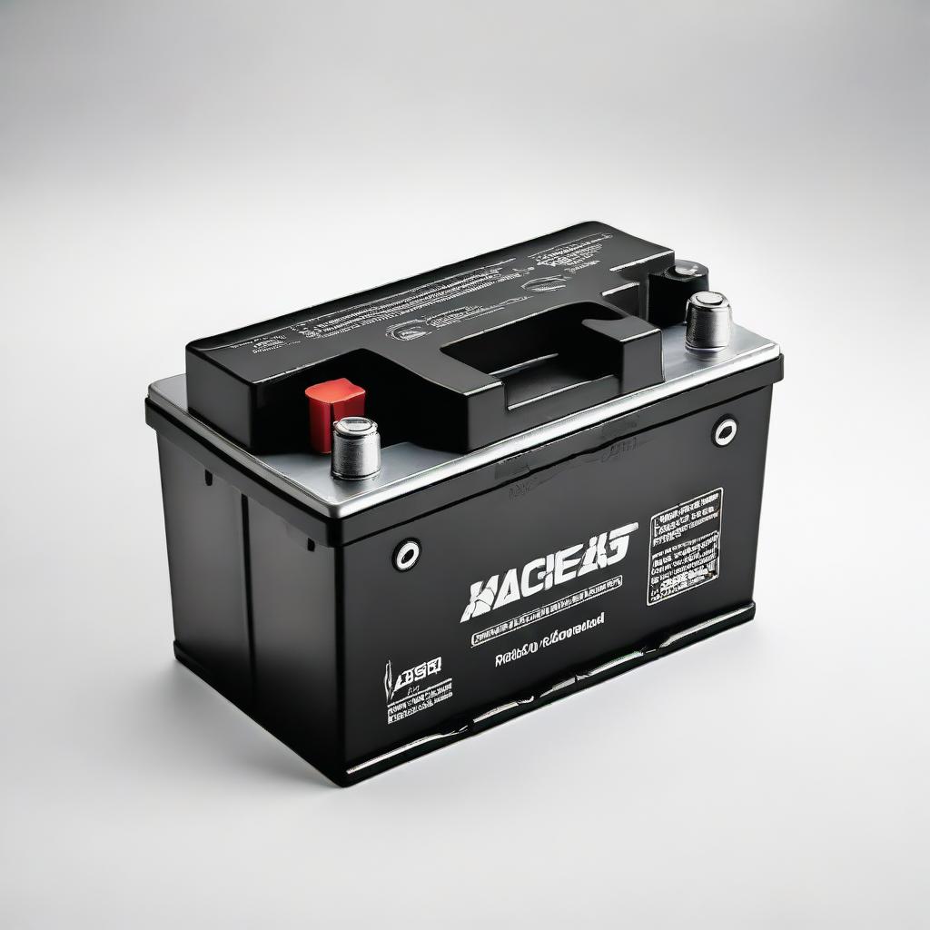 A brand new car battery with sturdy black casing and clean silver terminals, placed on a pristine white background.