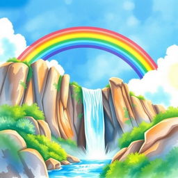 A vibrant and colorful watercolor scene depicting a majestic waterfall cascading down rocky cliffs, with a beautiful rainbow arching gracefully over it