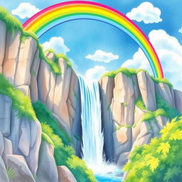 A vibrant and colorful watercolor scene depicting a majestic waterfall cascading down rocky cliffs, with a beautiful rainbow arching gracefully over it