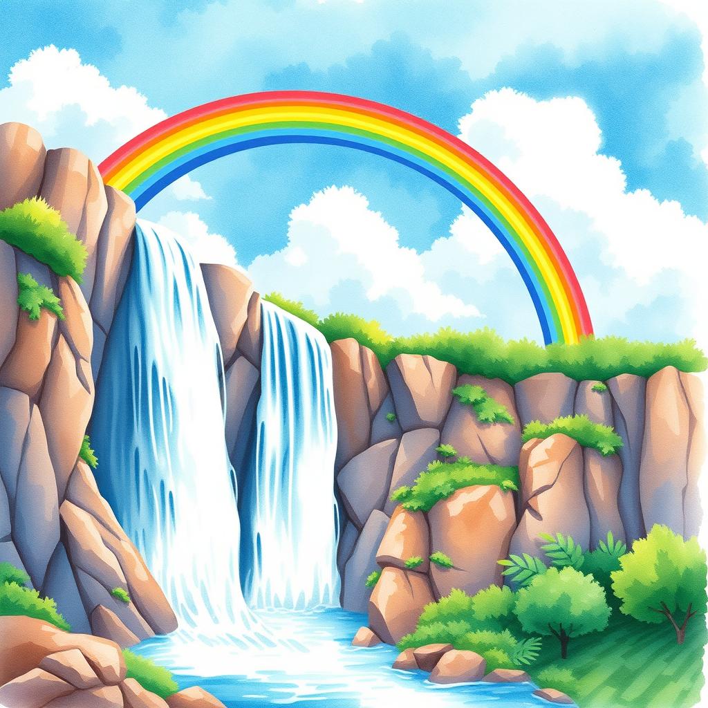 A vibrant and colorful watercolor scene depicting a majestic waterfall cascading down rocky cliffs, with a beautiful rainbow arching gracefully over it