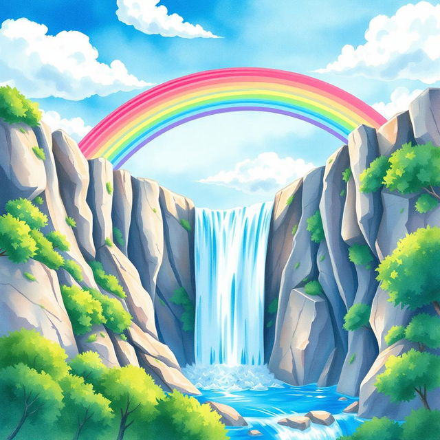 A vibrant and colorful watercolor scene depicting a majestic waterfall cascading down rocky cliffs, with a beautiful rainbow arching gracefully over it