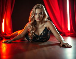 A minimalist studio shot of a graceful blonde woman with long, wavy hair and striking blue eyes, lounging effortlessly on a wooden floor in a luxurious boudoir setting