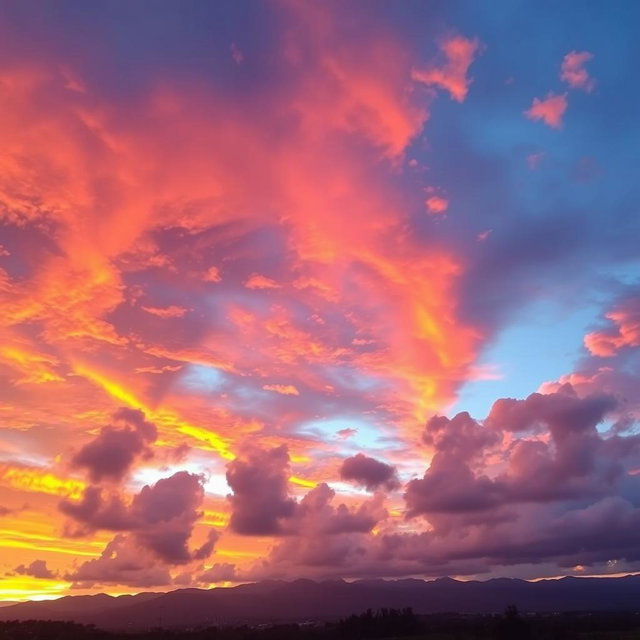A stunningly beautiful sky during sunset, featuring vibrant hues of orange, pink, and purple blending together with fluffy clouds, creating a breathtaking scene