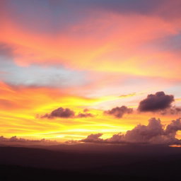 A stunningly beautiful sky during sunset, featuring vibrant hues of orange, pink, and purple blending together with fluffy clouds, creating a breathtaking scene