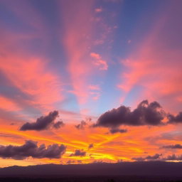 A stunningly beautiful sky during sunset, featuring vibrant hues of orange, pink, and purple blending together with fluffy clouds, creating a breathtaking scene