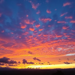 A stunningly beautiful sky during sunset, featuring vibrant hues of orange, pink, and purple blending together with fluffy clouds, creating a breathtaking scene