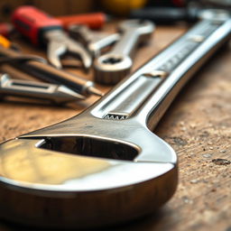 A highly detailed image of a wrench, showcasing its shiny metallic surface and intricate design