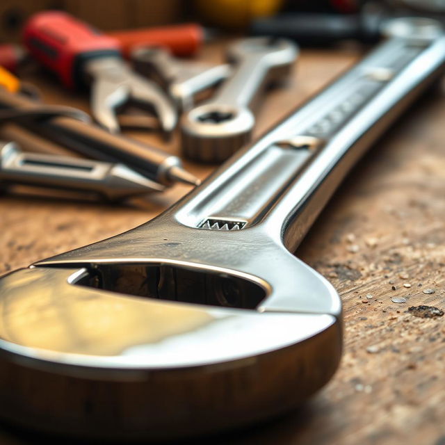 A highly detailed image of a wrench, showcasing its shiny metallic surface and intricate design
