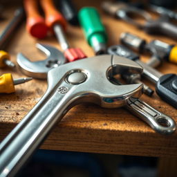 A highly detailed image of a wrench, showcasing its shiny metallic surface and intricate design