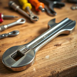 A highly detailed image of a wrench, showcasing its shiny metallic surface and intricate design