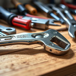 A highly detailed image of a wrench, showcasing its shiny metallic surface and intricate design