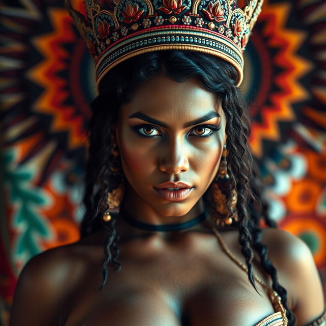 A stunning 25-year-old woman from an indigenous tribe, wearing a traditional crown