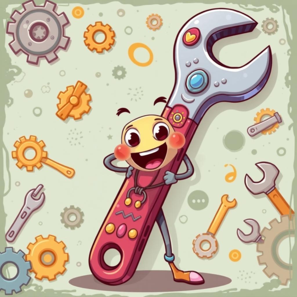 A whimsical and artistic interpretation of a fancy wrench, designed in a playful, vibrant style