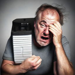 A distressed man holding a car battery, his face contorted with emotion, tears streaming down his cheeks. His expression signifies desperation or despair.