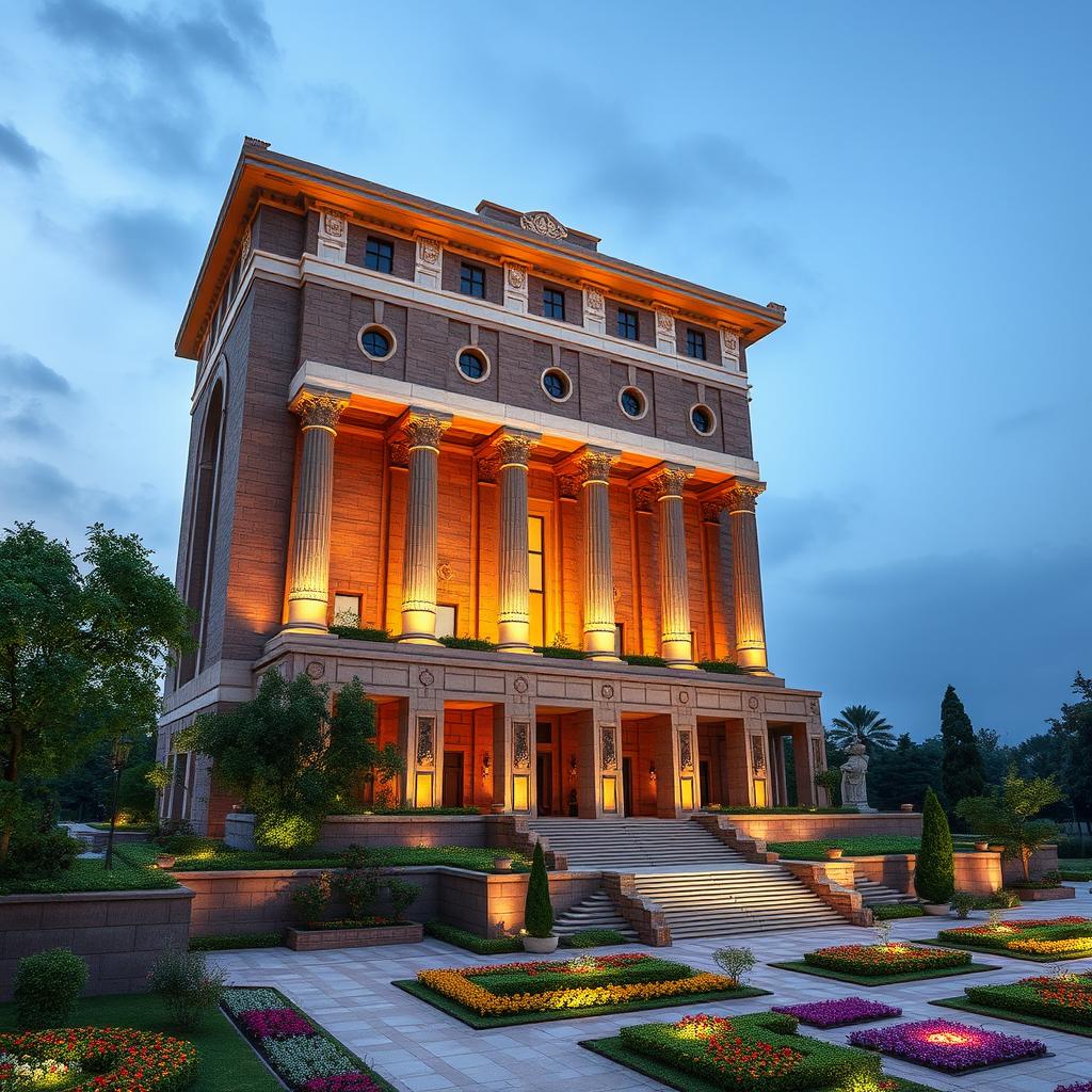 The facade of a stunning 20-story tower that beautifully merges Achaemenian and modern architectural elements