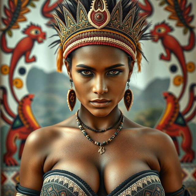 A beautiful 25-year-old woman from an indigenous tribe, adorned with a traditional crown
