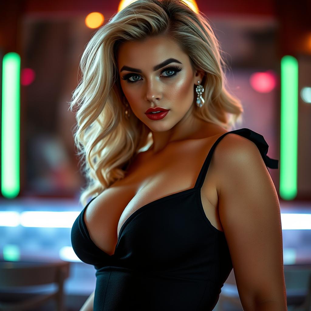A stunning 25-year-old voluptuous blonde woman dressed in a sexy outfit that elegantly showcases her décolletage