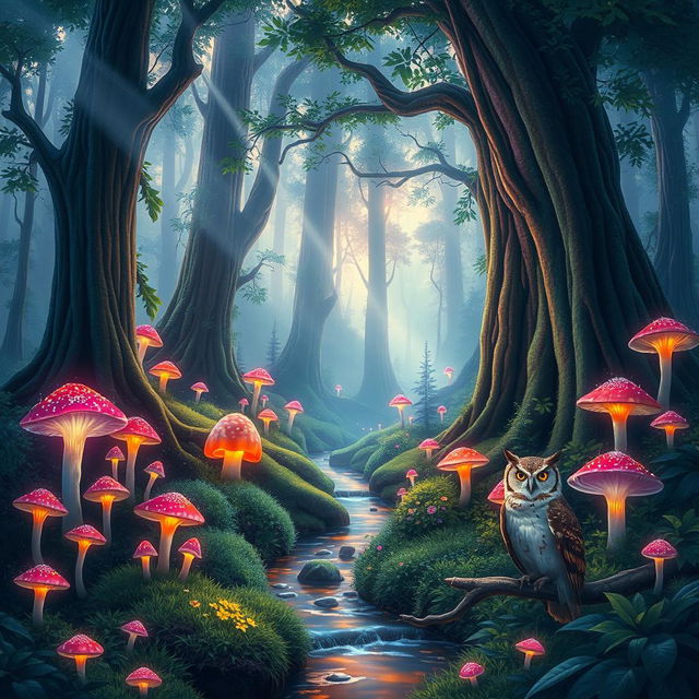 A mystical forest scene with towering trees and vibrant, glowing mushrooms scattered throughout the underbrush