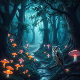 A mystical forest scene with towering trees and vibrant, glowing mushrooms scattered throughout the underbrush