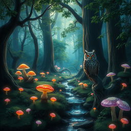 A mystical forest scene with towering trees and vibrant, glowing mushrooms scattered throughout the underbrush