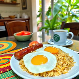 A traditional Filipino breakfast scene featuring a delicious plate of longganisa (sweet pork sausage), garlic fried rice topped with a sunny-side-up egg, and a side of fresh sliced tomatoes