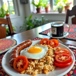 A traditional Filipino breakfast scene featuring a delicious plate of longganisa (sweet pork sausage), garlic fried rice topped with a sunny-side-up egg, and a side of fresh sliced tomatoes