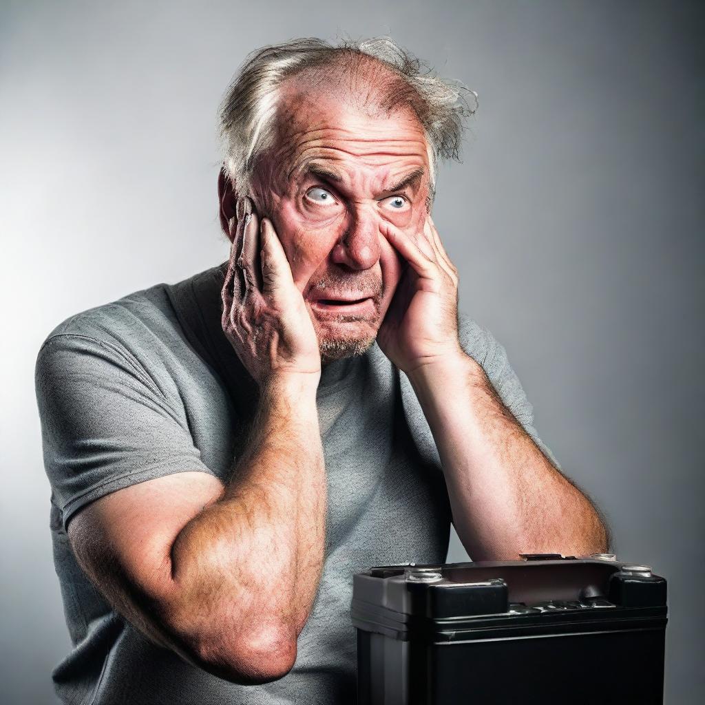 A distressed man holding a car battery, his face contorted with emotion, tears streaming down his cheeks. His expression signifies desperation or despair.