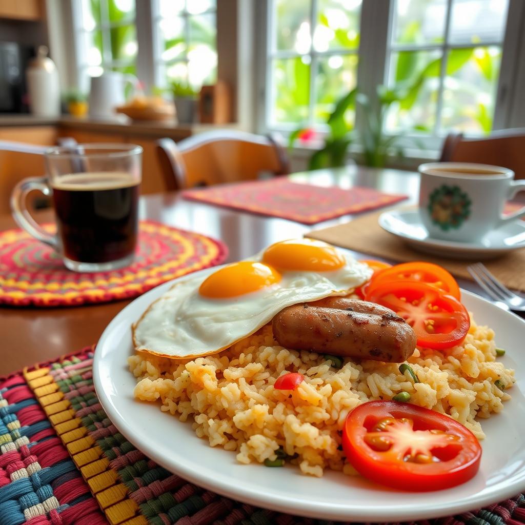 A traditional Filipino breakfast scene featuring a delicious plate of longganisa (sweet pork sausage), garlic fried rice topped with a sunny-side-up egg, and a side of fresh sliced tomatoes