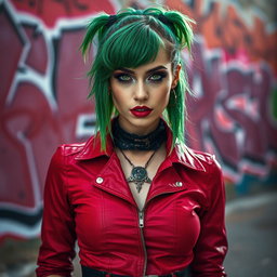 A striking portrait of a woman with vibrant green hair, wearing red and black punk fashion, standing confidently in an urban setting