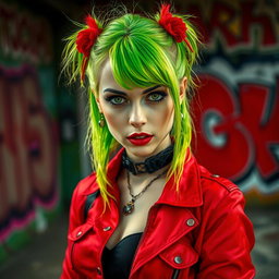 A striking portrait of a woman with vibrant green hair, wearing red and black punk fashion, standing confidently in an urban setting