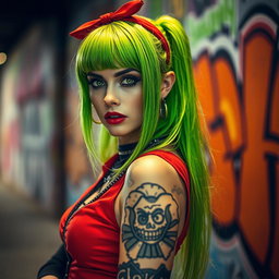 A striking portrait of a woman with vibrant green hair, wearing red and black punk fashion, standing confidently in an urban setting