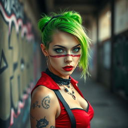 A striking portrait of a woman with vibrant green hair, wearing red and black punk fashion, standing confidently in an urban setting