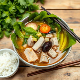 A beautifully presented bowl of sinigang, a traditional Filipino sour soup, filled with vibrant green leafy vegetables, succulent chunks of pork belly, and various vegetables like radish and eggplant