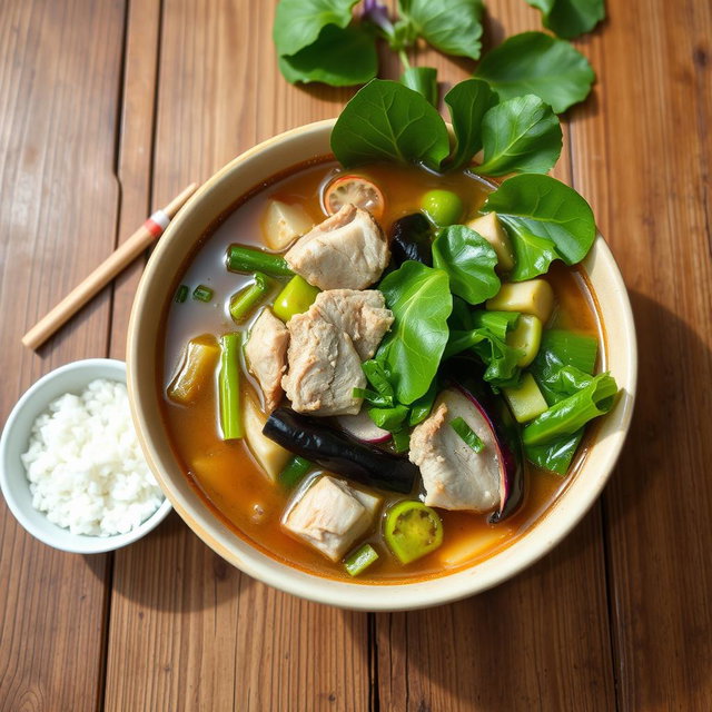 A beautifully presented bowl of sinigang, a traditional Filipino sour soup, filled with vibrant green leafy vegetables, succulent chunks of pork belly, and various vegetables like radish and eggplant