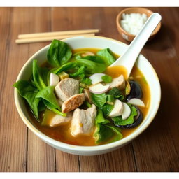 A beautifully presented bowl of sinigang, a traditional Filipino sour soup, filled with vibrant green leafy vegetables, succulent chunks of pork belly, and various vegetables like radish and eggplant