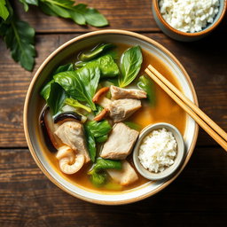 A beautifully presented bowl of sinigang, a traditional Filipino sour soup, filled with vibrant green leafy vegetables, succulent chunks of pork belly, and various vegetables like radish and eggplant