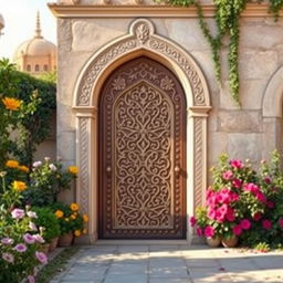 A beautiful and serene depiction of the door of the house of Fatimah (حضرت زهرا) in an ancient Islamic architectural style