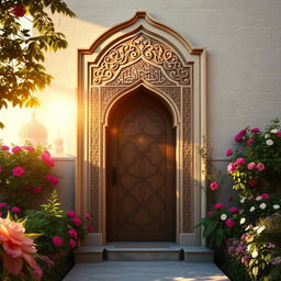 A beautiful and serene depiction of the door of the house of Fatimah (حضرت زهرا) in an ancient Islamic architectural style