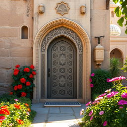 A beautiful and serene depiction of the door of the house of Fatimah (حضرت زهرا) in an ancient Islamic architectural style