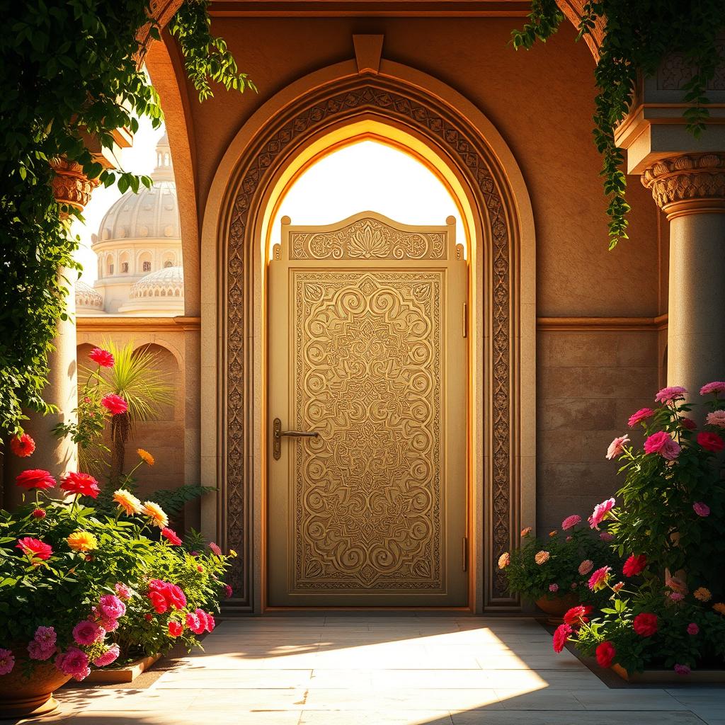 A beautiful and serene depiction of the door of the house of Fatimah (حضرت زهرا) in an ancient Islamic architectural style