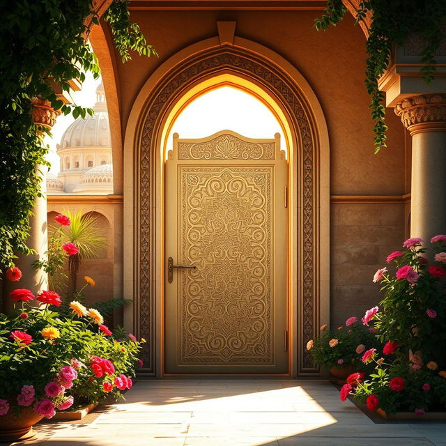 A beautiful and serene depiction of the door of the house of Fatimah (حضرت زهرا) in an ancient Islamic architectural style