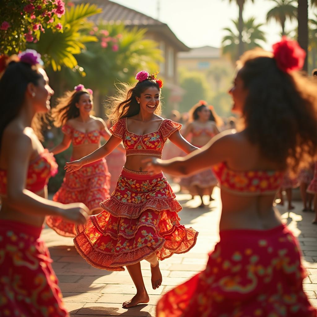 A vibrant scene featuring Latin women dancing joyfully in the sunshine