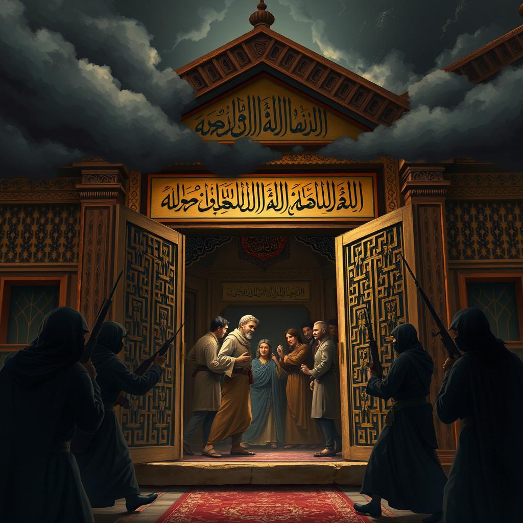 A historical scene depicting the house of Hazrat Fatimah during an attack by enemies
