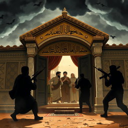 A historical scene depicting the house of Hazrat Fatimah during an attack by enemies