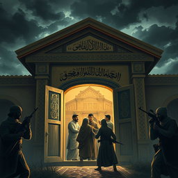 A historical scene depicting the house of Hazrat Fatimah during an attack by enemies
