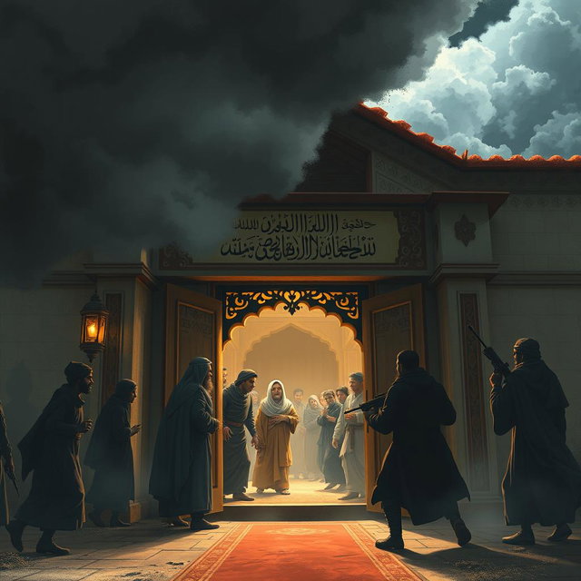 A historical scene depicting the house of Hazrat Fatimah during an attack by enemies